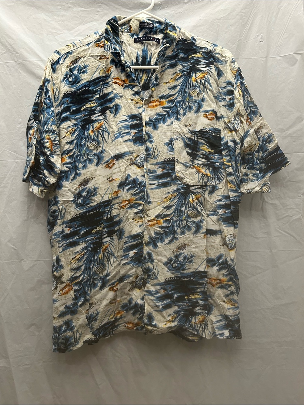Robert Stock Cream and Blue Island Print Button Down Short Sleeve Shirt Sz L